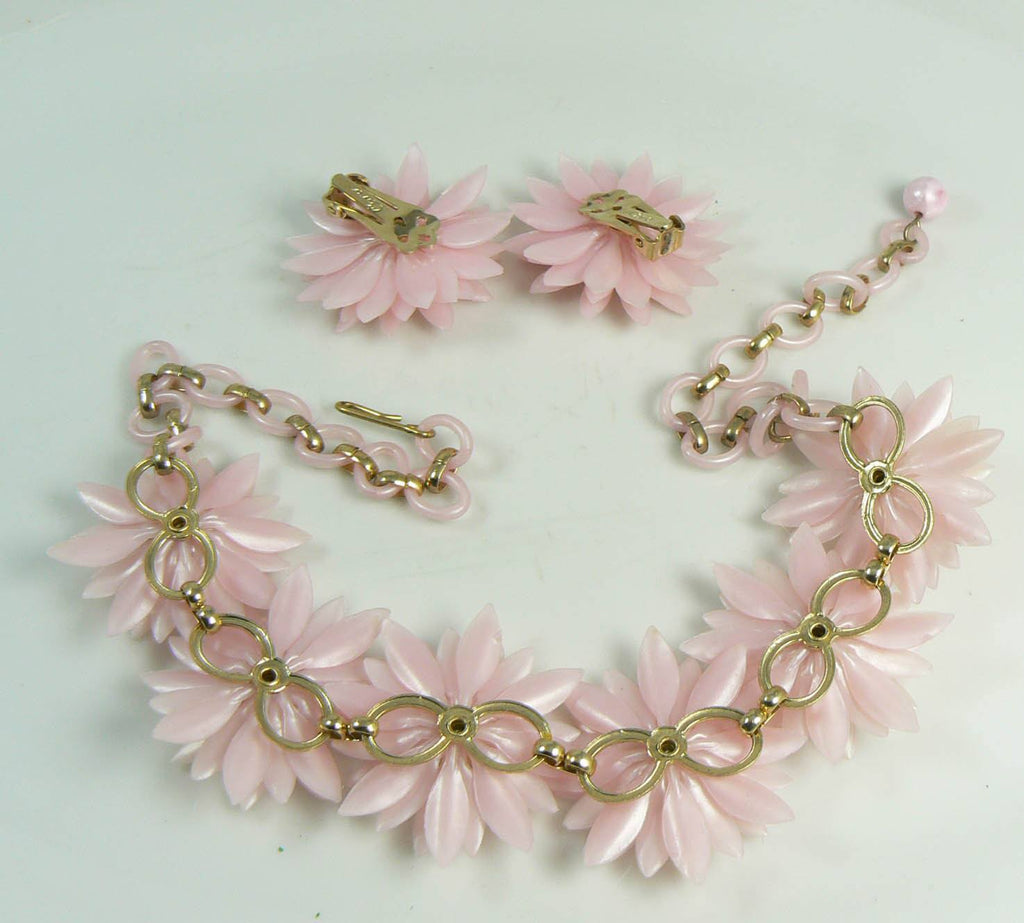 Vintage Signed CORO Pink Plastic Flower And Rhinestone Demi Necklace ...