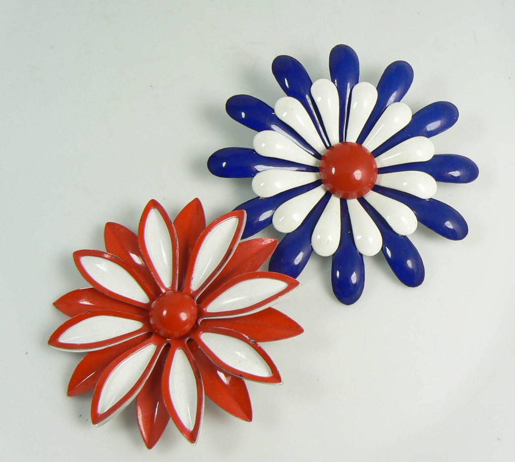 Red, white and blue Enamel Flower Pin Lot and Clip Earrings - Vintage Lane Jewelry