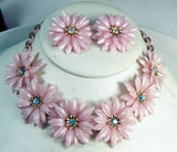 Vintage Signed CORO Pink Plastic Flower And Rhinestone Demi Necklace and Earrings - Vintage Lane Jewelry