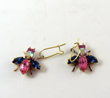 Czech Glass Rhinestone Fly Earrings, pink, blue - Vintage Lane Jewelry
