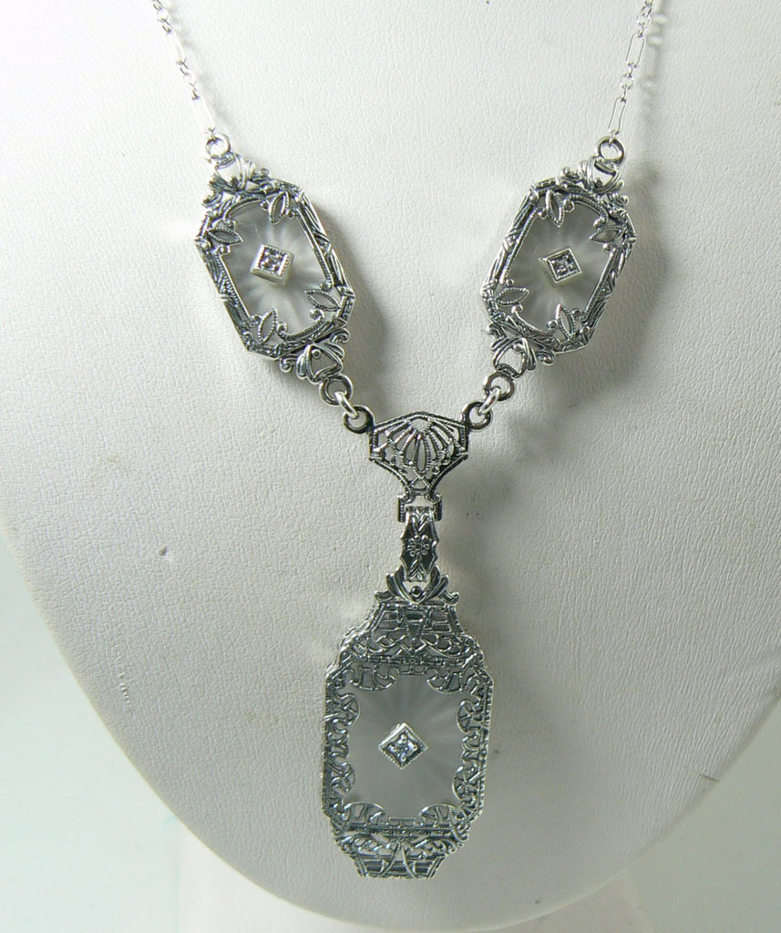 Art Deco Camphor Glass 3 Diamond Filigree Sterling Silver Necklace - Vintage Lane Jewelry