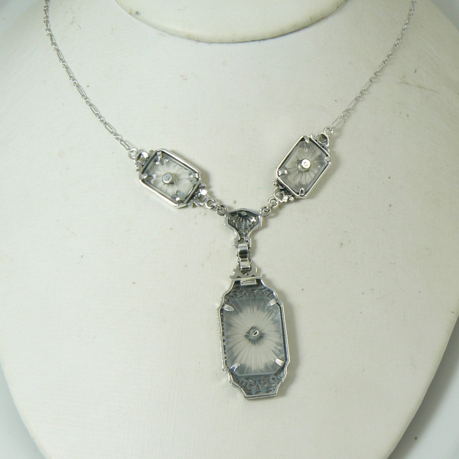 Art Deco Camphor Glass 3 Diamond Filigree Sterling Silver Necklace ...