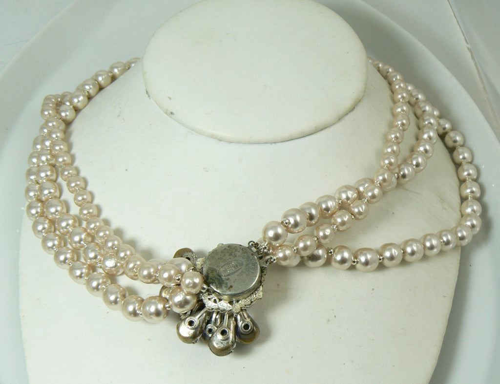 Vintage Miriam Haskell 3 Strand Baroque Pearl Rhinestone Clasp Necklace - Vintage Lane Jewelry