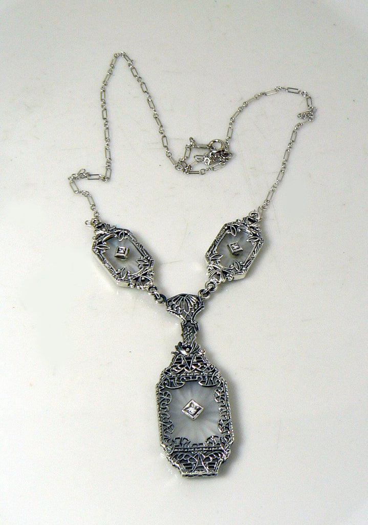 Art Deco Camphor Glass 3 Diamond Filigree Sterling Silver Necklace - Vintage Lane Jewelry