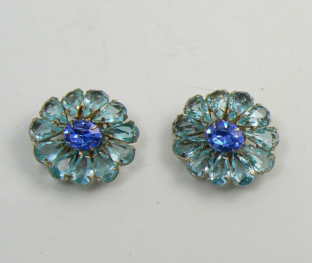 Vintage Weiss Blue Rhinestone Flower Clip Earrings - Vintage Lane Jewelry