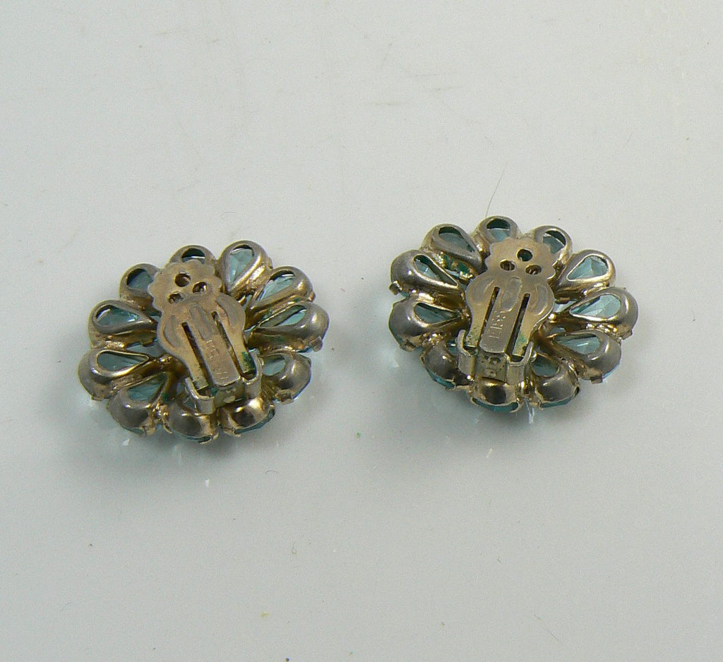 Vintage Weiss Blue Rhinestone Flower Clip Earrings - Vintage Lane Jewelry