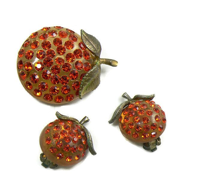 Vintage Forbidden Fruit Lucite and Rhinestone Orange Demi Parure - Vintage Lane Jewelry