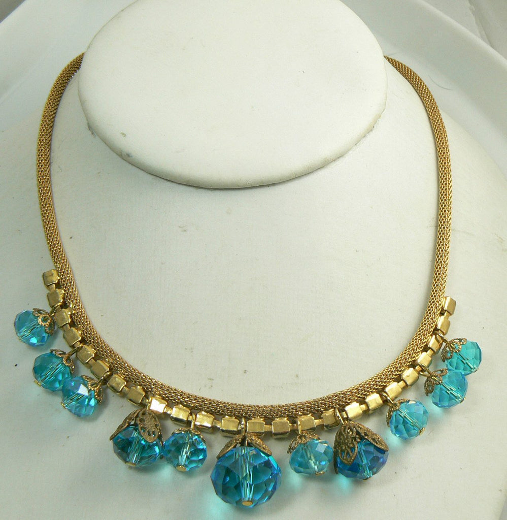 Vintage Juliana Aqua Blue Borealis Rhinestone and Dangling Glass Beads Necklace - Vintage Lane Jewelry
