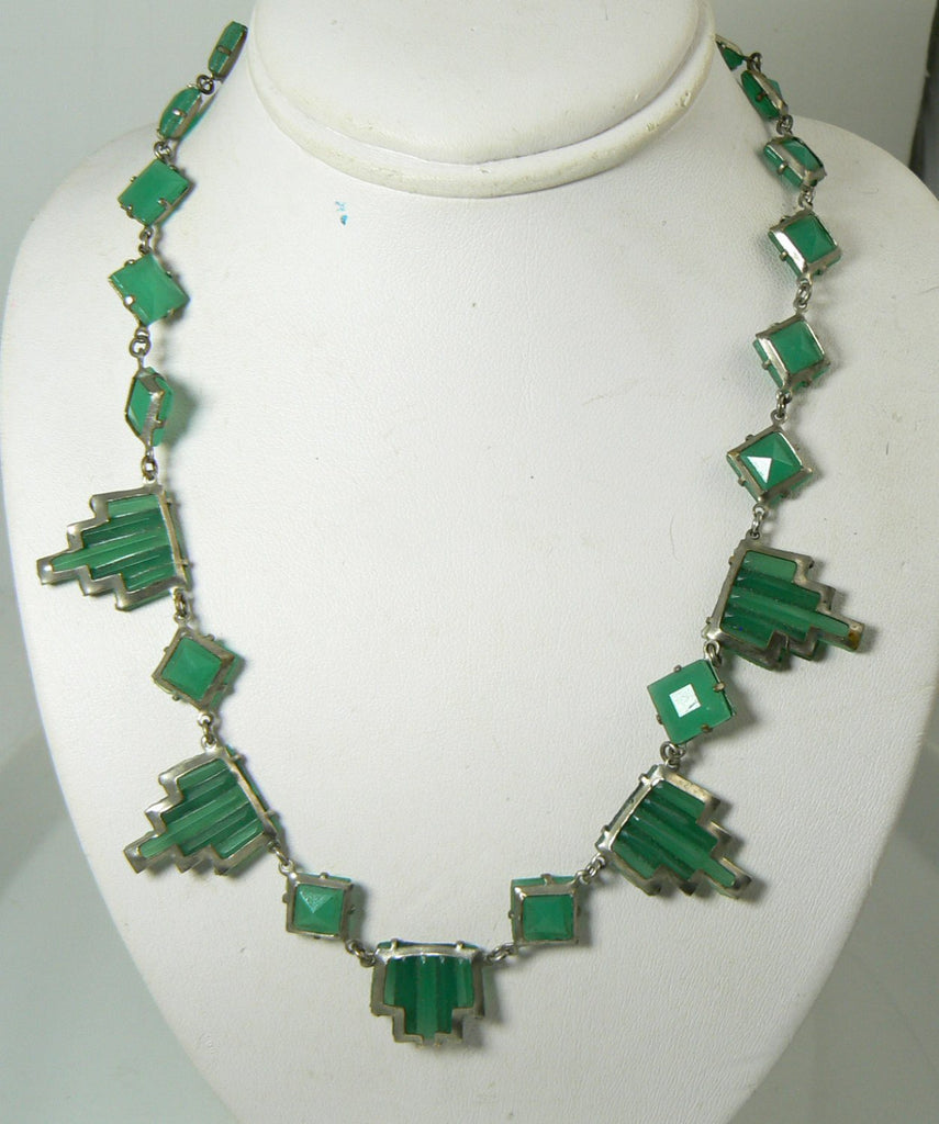 Vintage Green Step Glass Art Deco Necklace - Vintage Lane Jewelry
