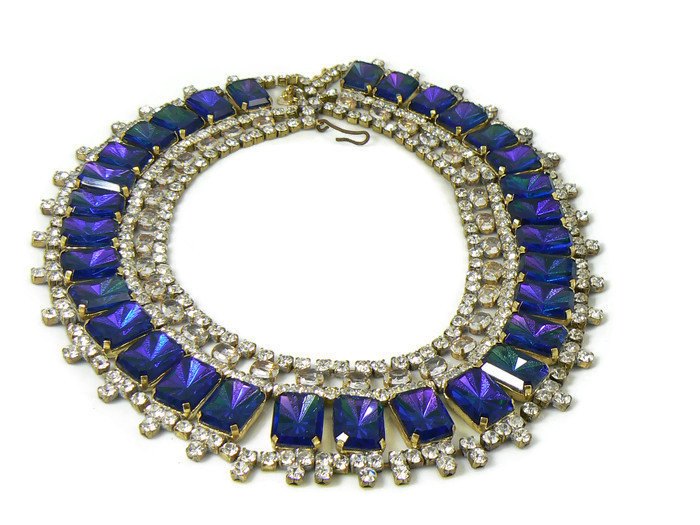Czech Glass Cobalt Blue Rhinestone Bib Necklace, Husar D. - Vintage Lane Jewelry