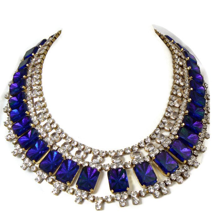 Czech Glass Cobalt Blue Rhinestone Bib Necklace, Husar D - Vintage Lane Jewelry
