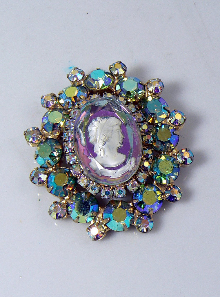 Vintage Juliana (D&E) Book Piece AB Rhinestone Glass Intaglio Cameo Brooch - Vintage Lane Jewelry