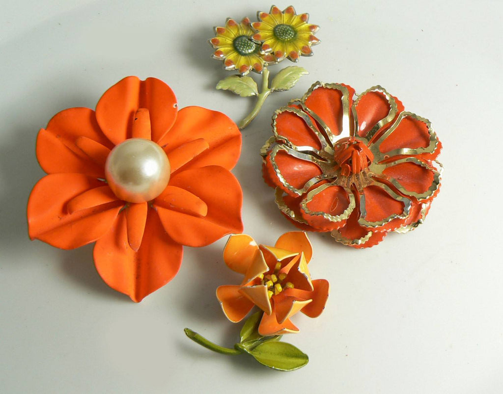 Vintage Orange and Yellow Enamel Flower Pin Lot - Vintage Lane Jewelry
