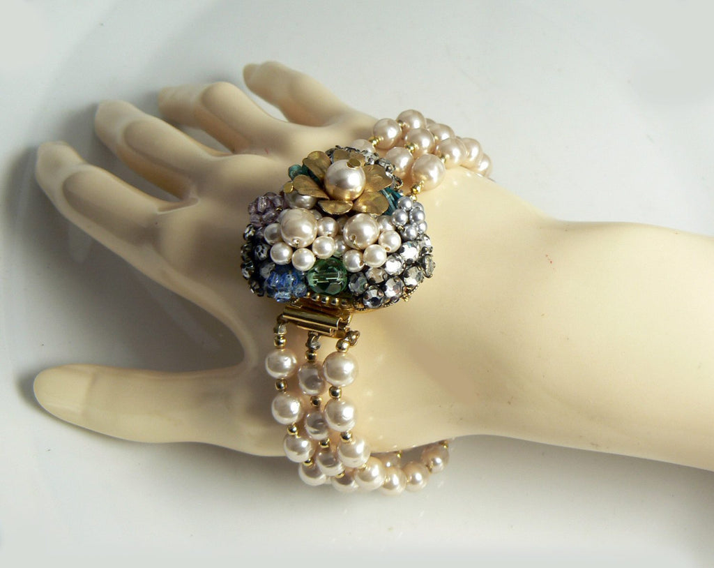 Vintage Original by Robert Glass Pearl, Glass Bead and Rhinestone 3 Strand Bracelet - Vintage Lane Jewelry