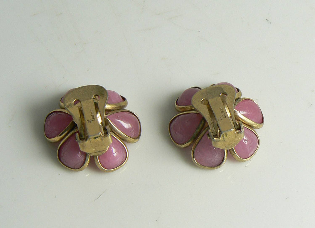 Crown Trifari Pink Glass Petal Flower Clip Earrings - Vintage Lane Jewelry