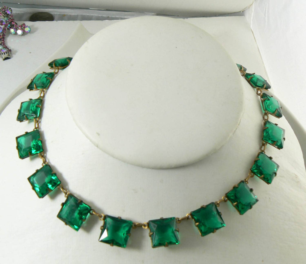 Art Deco Emerald Green Glass Open Back Necklace - Vintage Lane Jewelry