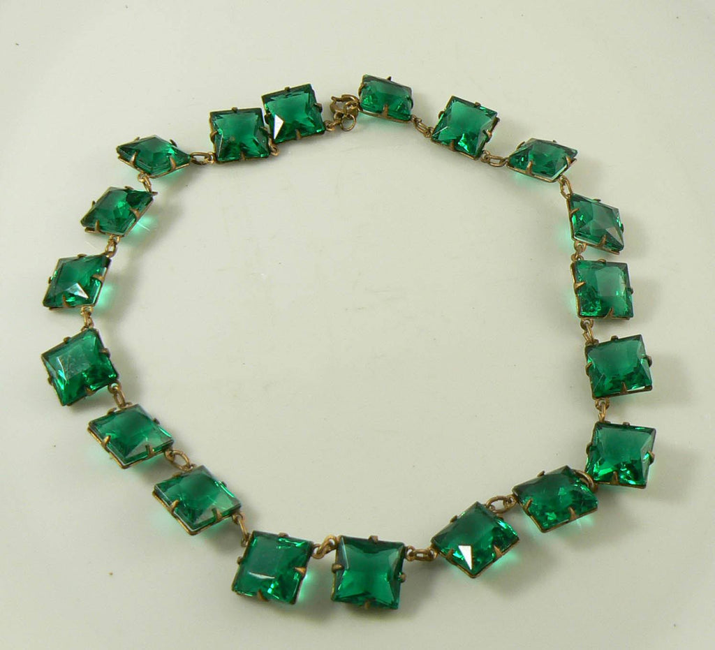 Art Deco Emerald Green Glass Open Back Necklace - Vintage Lane Jewelry