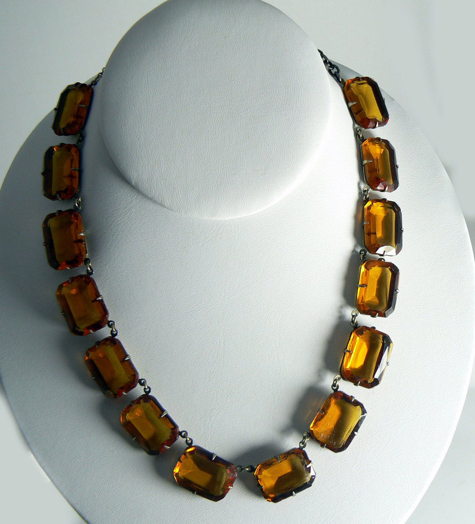 Vintage Art Deco Amber Glass Panel Necklace, emerald cut, prong set, open back stones - Vintage Lane Jewelry