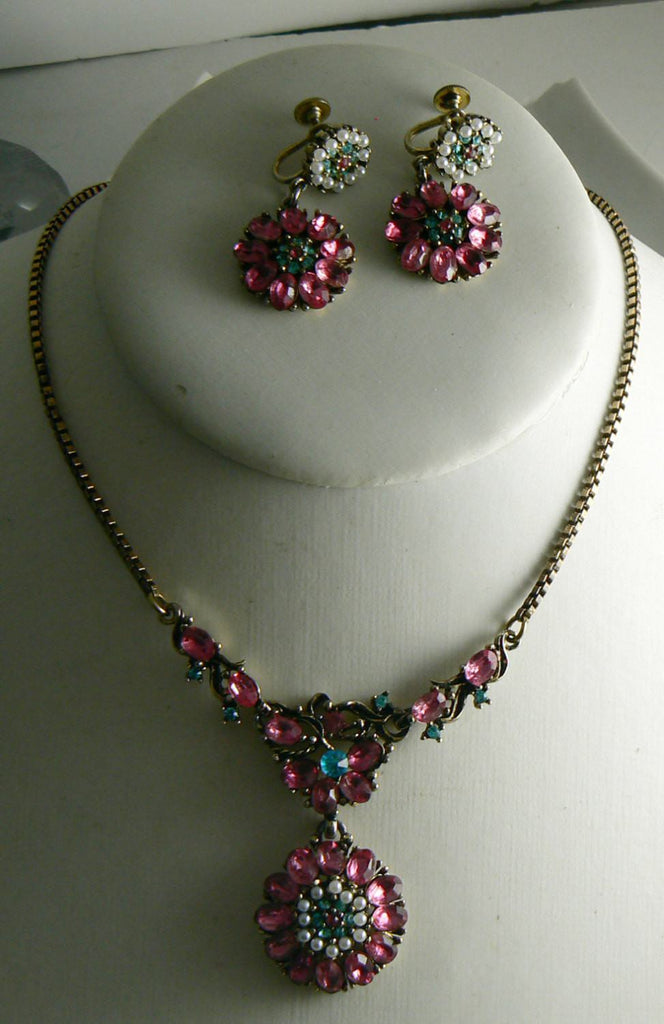 Pretty Pink and Aqua Blue Rhinestone Necklace Earring Set - Vintage Lane Jewelry