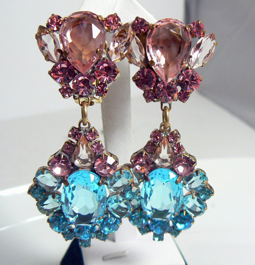 Aqua Blue and Pink Czech Glass Clip Earrings - Vintage Lane Jewelry