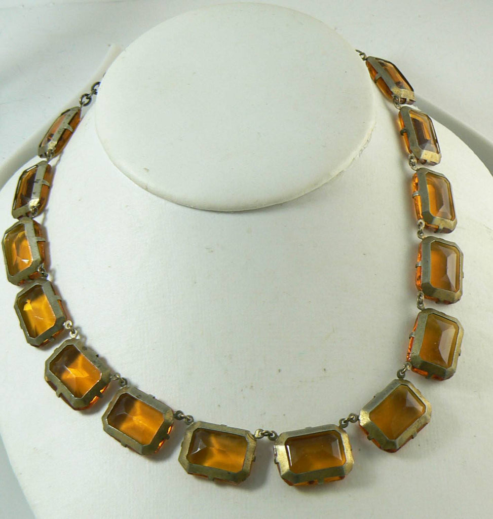 Vintage Art Deco Amber Glass Panel Necklace, emerald cut, prong set, open back stones - Vintage Lane Jewelry
