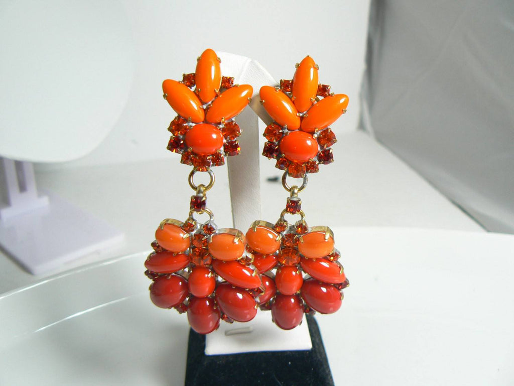 Czech Glass Orange and Fire Red Cabochon Rhinestone Clip Earrings - Vintage Lane Jewelry