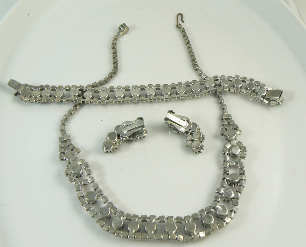 Vintage Kramer Pink Rhinestone AB Parure, Necklace, Bracelet and Clip Earrings - Vintage Lane Jewelry
