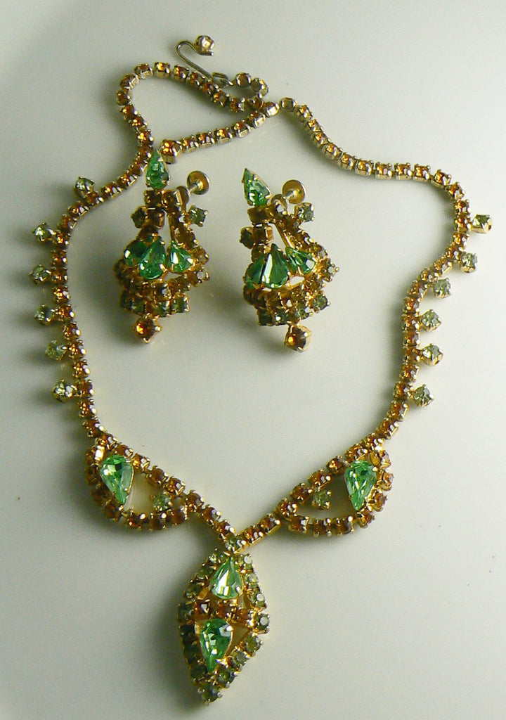 Vintage Topaz Peridot Green Rhinestone Necklace Earrings Set - Vintage Lane Jewelry
