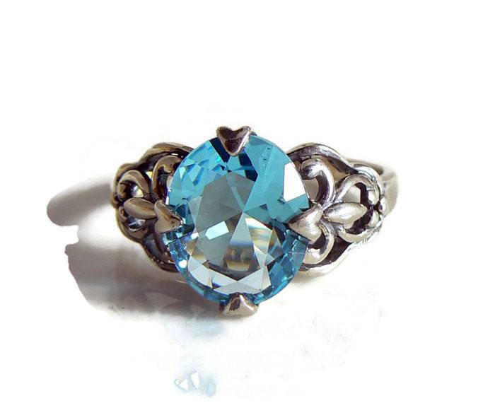 Aquamarine Sterling Silver Gothic Revival Filigree Ring - Vintage Lane Jewelry