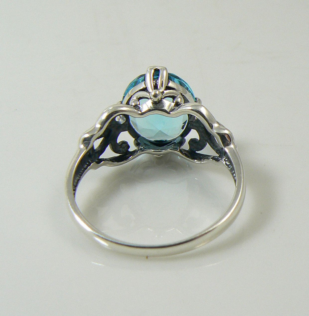 Aquamarine Sterling Silver Gothic Revival Filigree Ring - Vintage Lane Jewelry