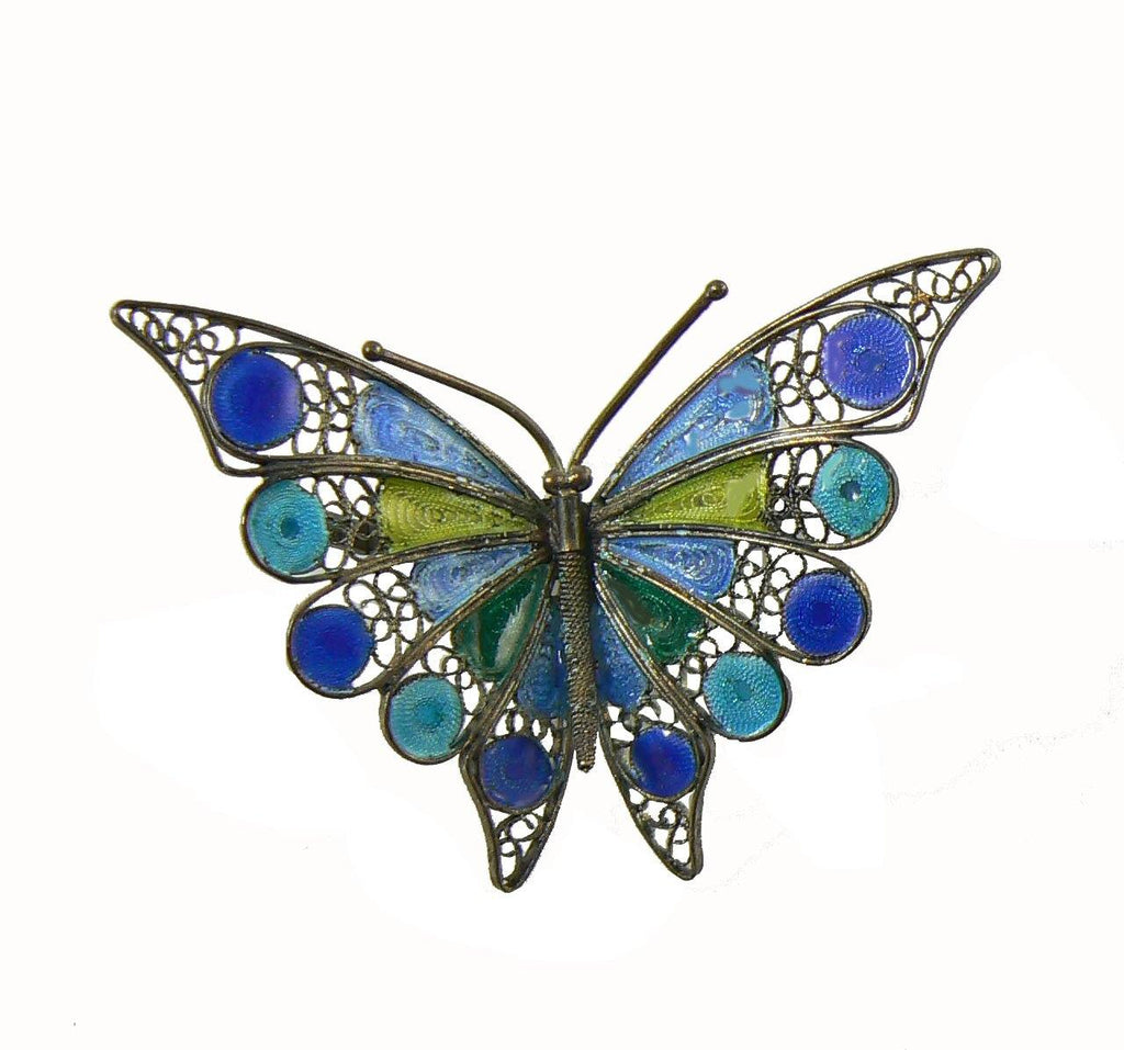 Enameled Butterfly 800 Silver Filigree Pin, Blue and Green - Vintage Lane Jewelry