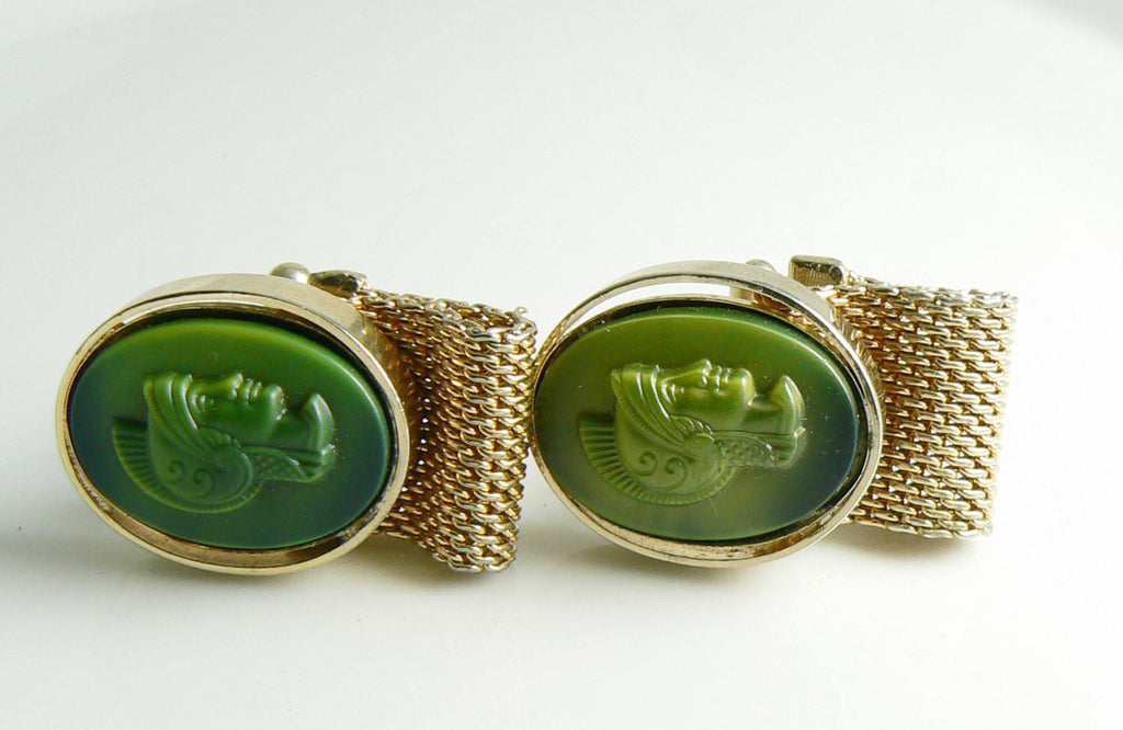 Vintage Green Lucite Trojan Cameo Cufflinks - Vintage Lane Jewelry