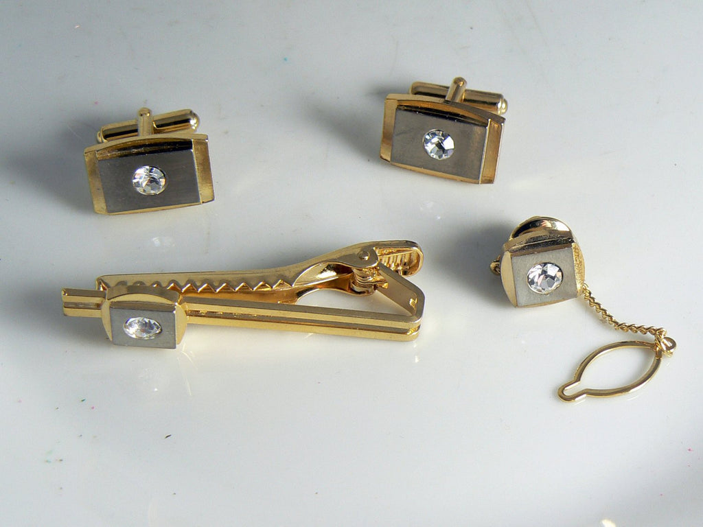 Vintage Tie Clips with matching Cuff Links in original box, crystal accents - Vintage Lane Jewelry