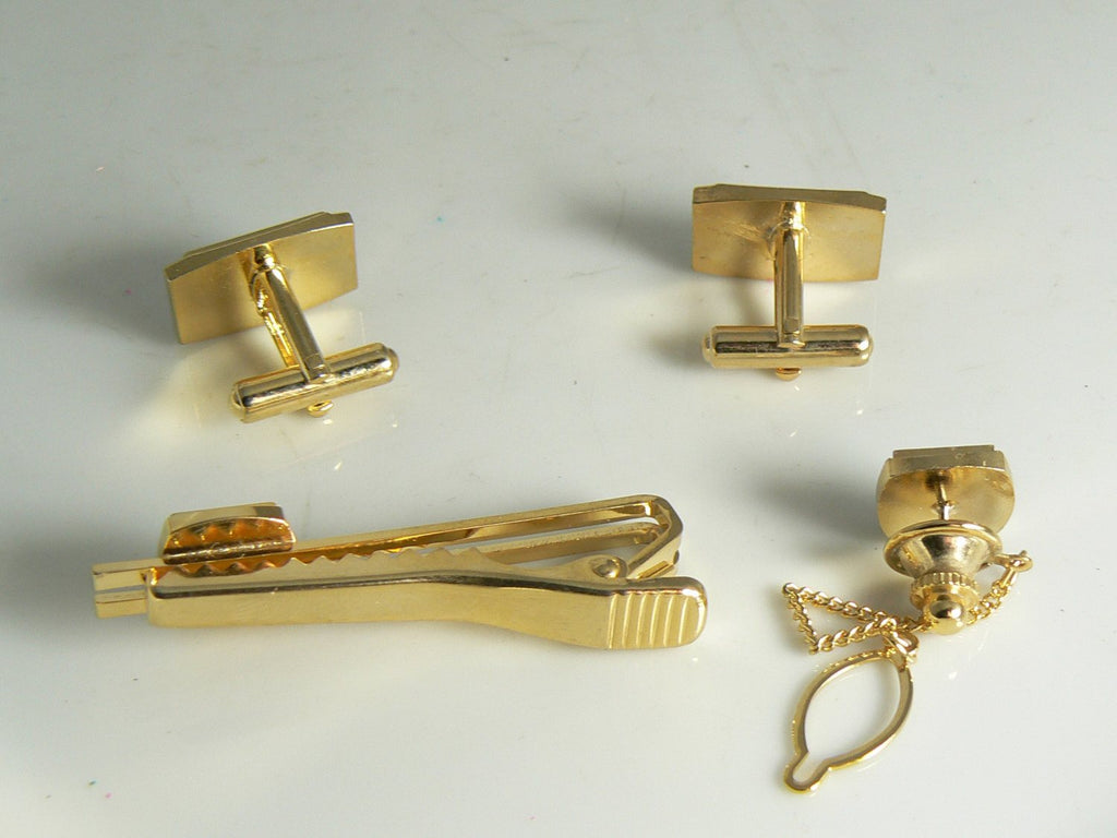 Vintage Tie Clips with matching Cuff Links in original box, crystal accents - Vintage Lane Jewelry