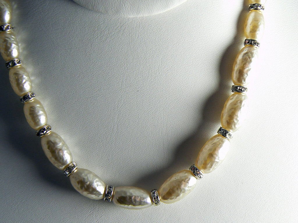 Signed Miriam Haskell Baroque Oblong Glass Pearl Rhinestone Rondelle Necklace - Vintage Lane Jewelry