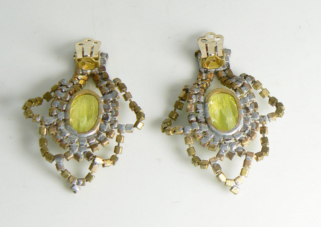 Czech glass Vaseline uranium Clip Earrings - Vintage Lane Jewelry