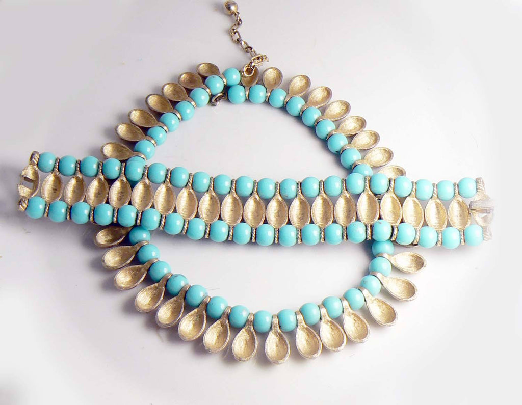 Crown Trifari Egyptian Revival Turquoise Bead and Brushed Gold Tone Metal Necklace Bracelet Set - Vintage Lane Jewelry