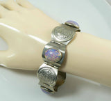 Vintage Sterling Silver Panel Bracelet Aztec Design Foil Art Glass Hallmarked - Vintage Lane Jewelry
