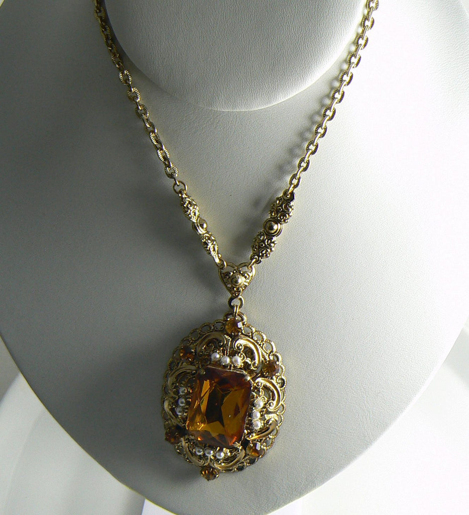 Vintage Signed W Germany Amber Glass Rhinestone Faux Pearl Pendant Necklace - Vintage Lane Jewelry