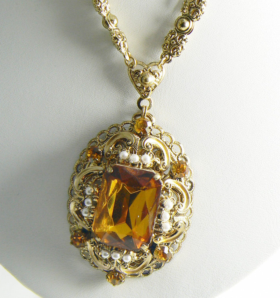 Vintage Signed W Germany Amber Glass Rhinestone Faux Pearl Pendant Necklace - Vintage Lane Jewelry