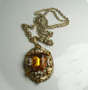 Vintage Signed W Germany Amber Glass Rhinestone Faux Pearl Pendant Necklace - Vintage Lane Jewelry