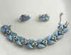 Coro Iridescent Blue Glass Leaves AB Rhinestone Bracelet Clip Earring Set - Vintage Lane Jewelry