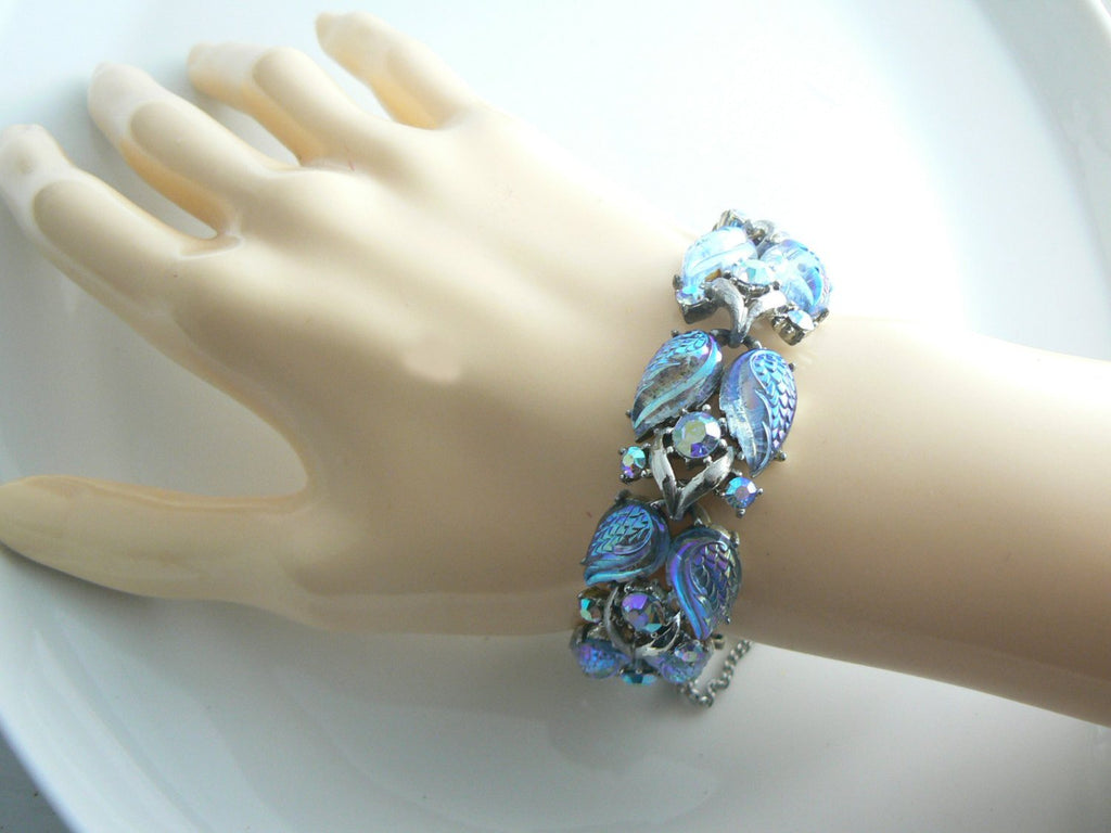 Coro Iridescent Blue Glass Leaves AB Rhinestone Bracelet Clip Earring Set - Vintage Lane Jewelry
