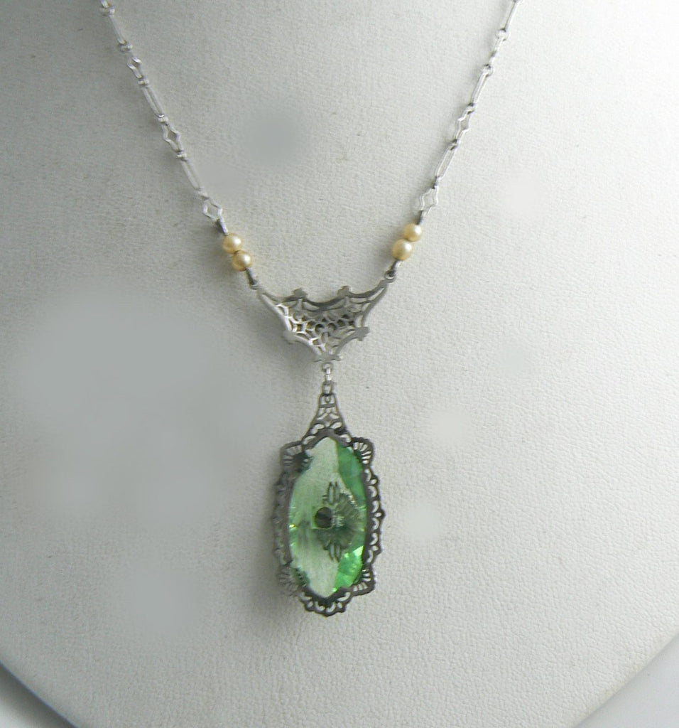 Vintage Green Camphor Glass Filigree Crystal Necklace, Paper clip chain - Vintage Lane Jewelry