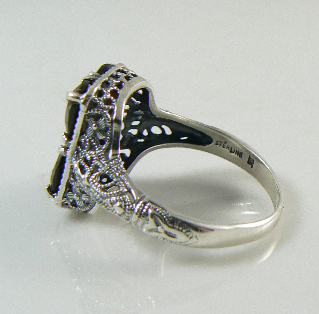 Art Deco Revival Garnet Filigree Diamond Sterling Silver Ring - Vintage Lane Jewelry