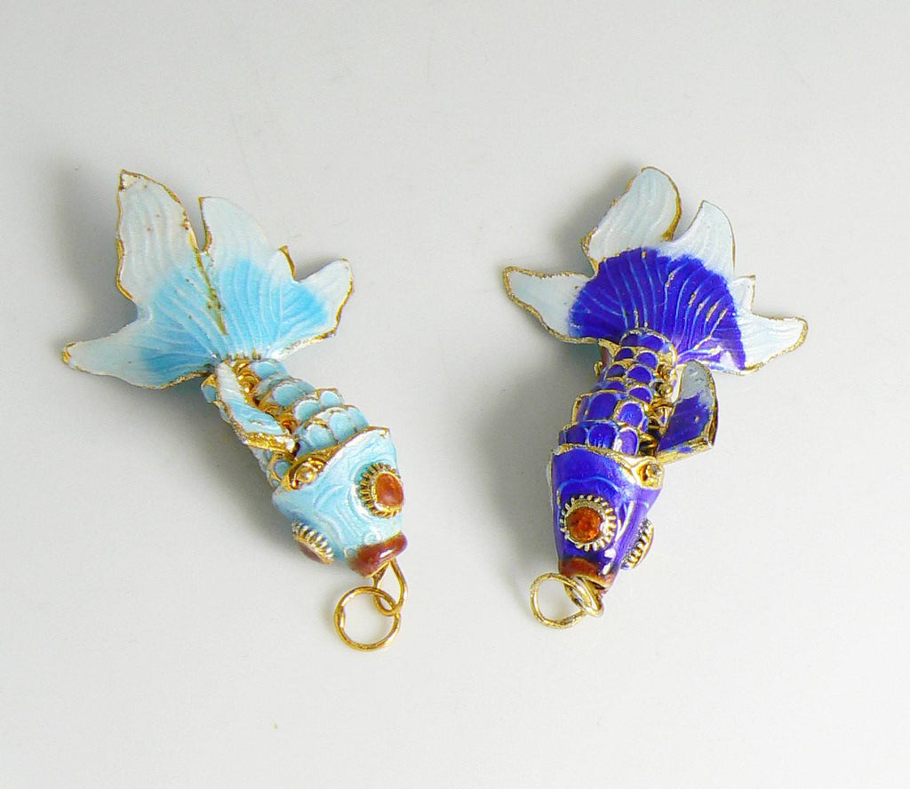 Vintage Articulating Enamel Koi Fish Pair Pendant, Aqua Blue and Royal Blue - Vintage Lane Jewelry