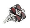 Art Deco Revival Garnet Filigree Diamond Sterling Silver Ring - Vintage Lane Jewelry