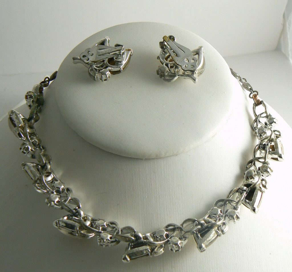 Lisner Molded Glass Leaves Rhinestone Necklace and Clip Earring Set - Vintage Lane Jewelry