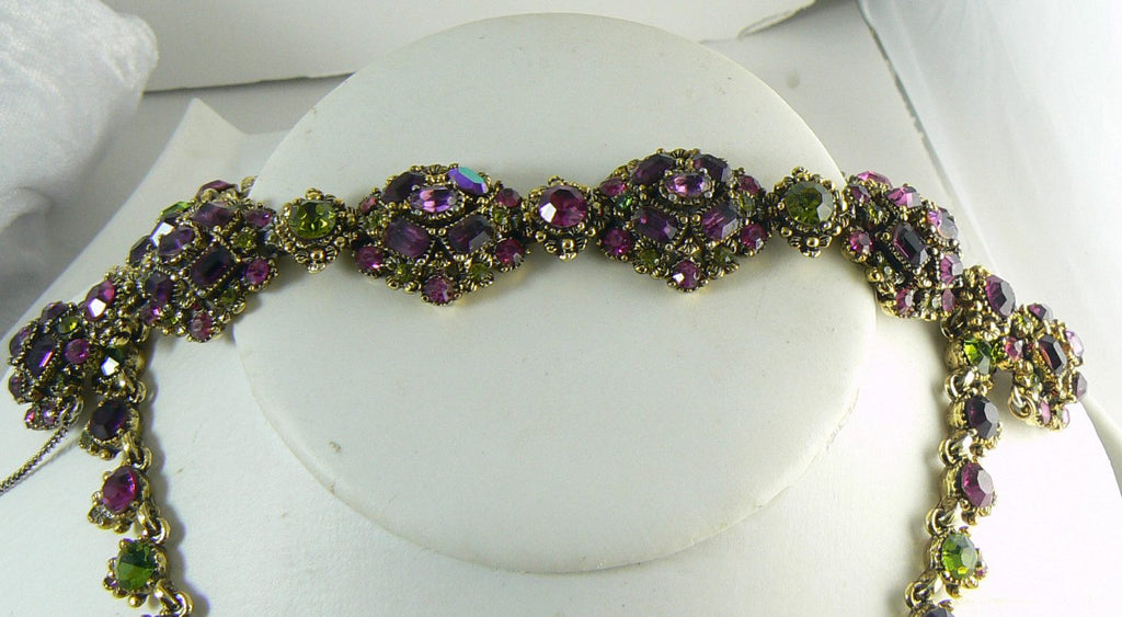 Hollycraft Purple and Green Rhinestone Necklace and Bracelet Set - Vintage Lane Jewelry