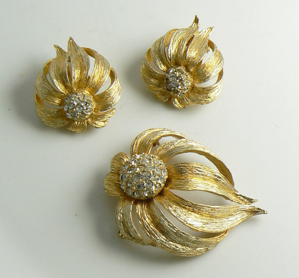 Hattie Carnegie Coneflower Brushed Gold Tone Rhinestone Demi Parure, Clip Earrings - Vintage Lane Jewelry